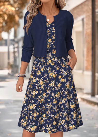 women clothes image of Navy Floral Print Two-piece Long Sleeve Dress and Cardigan
