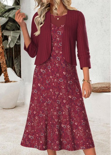 women clothes image of Wine Red Floral Print Two-piece Dress and Cardigan