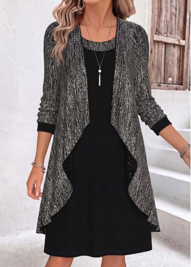 women clothes image of Black Two-piece Long Sleeve Round Neck Dress and Cardigan