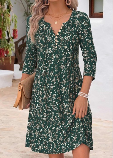 women clothes image of Blackish Green Ditsy Floral Print Short Tuck Stitch Dress