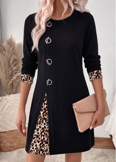 women clothes image of Black Leopard Short Patchwork Long Sleeve Round Neck Dress