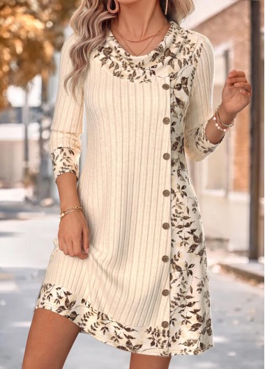 women clothes image of Beige Leaf Print Short Patchwork Long Sleeve Dress