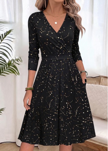 women clothes image of Black Surplice Long Sleeve V Neck Dress