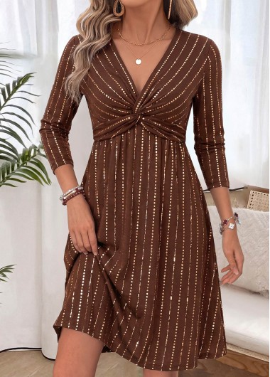women clothes image of Dark Coffee Twist Long Sleeve V Neck Dress