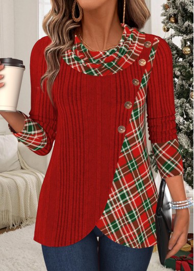 women clothes image of Red Plaid Fake 2in1 Long Sleeve Cowl Neck Sweatshirt