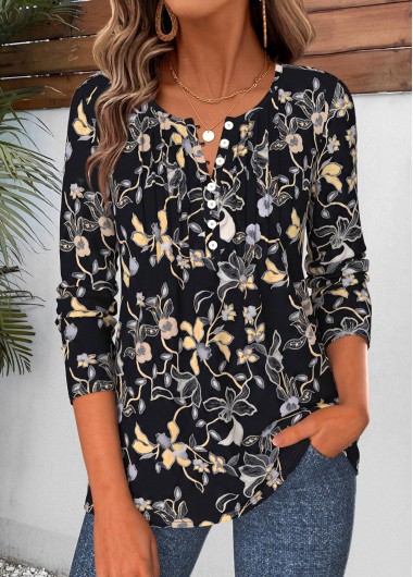women clothes image of Black Floral Print Tuck Stitch Long Sleeve T Shirt