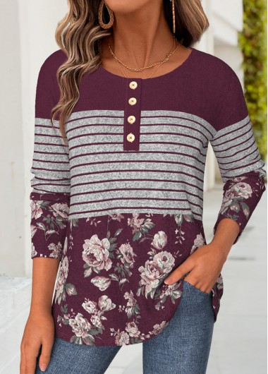 women clothes image of Wine Red Floral Print Button Long Sleeve T Shirt