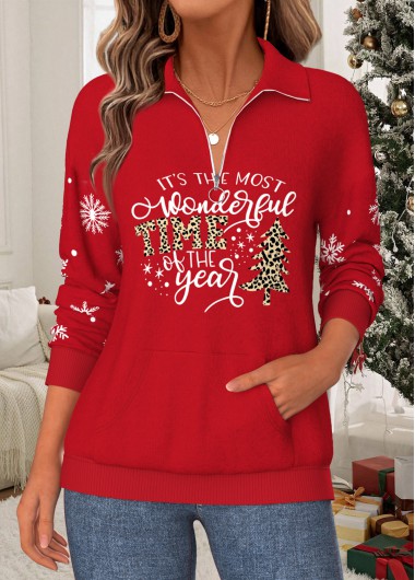 women clothes image of Red Christmas Print Kangaroo Pocket Long Sleeve Sweatshirt