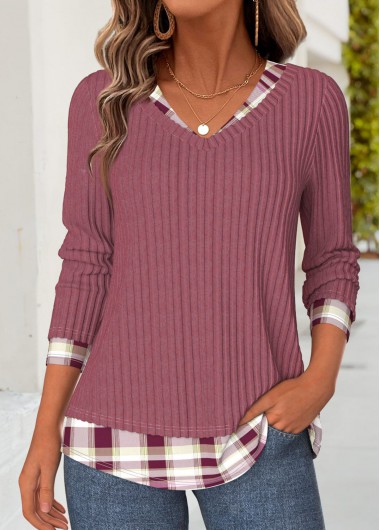 women clothes image of Dusty Pink Plaid Fake 2in1 Long Sleeve T Shirt