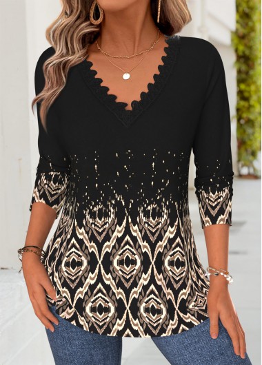 women clothes image of Black Tribal Print Tummy Coverage Long Sleeve T Shirt
