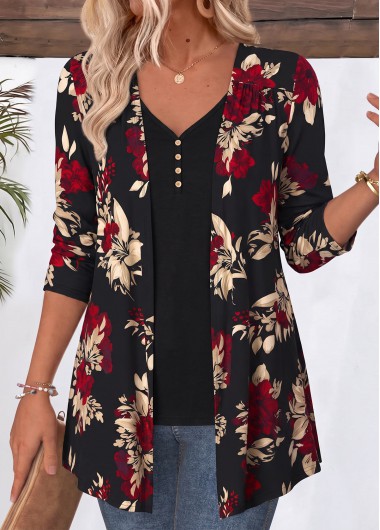 women clothes image of Black Floral Print Long Sleeve Fake Two Piece Twinset