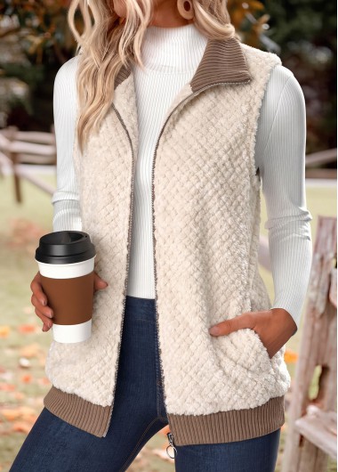 women clothes image of Beige Zipper Sleeveless Stand Collar Waistcoat