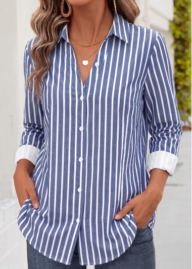 women clothes image of Blue Striped Button Long Sleeve Turn Down Collar Shirt