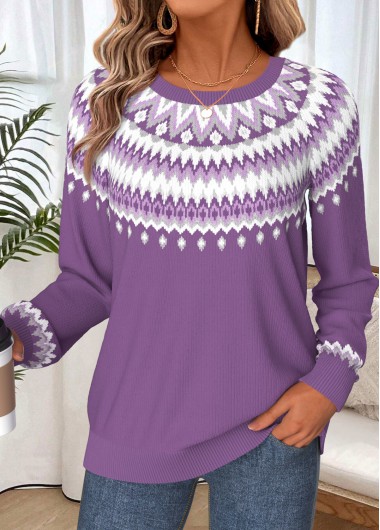 women clothes image of Purple Geometric Print Tummy Coverage Long Sleeve Sweatshirt