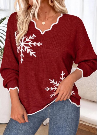 women clothes image of Wine Red Snowflake Print Long Sleeve V Neck Sweater