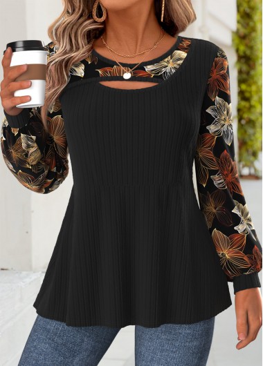 women clothes image of Black Floral Print Layered Long Sleeve T Shirt