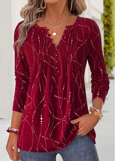 women clothes image of Red Geometric Print Curved Hem Long Sleeve T Shirt