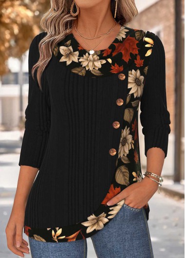 women clothes image of Black Floral Print Patchwork Long Sleeve T Shirt