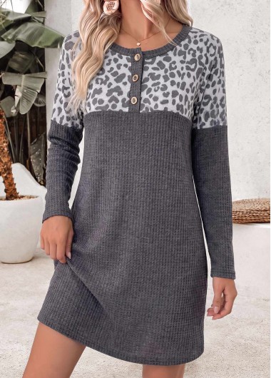 women clothes image of Dark Grey Leopard Short Tummy Coverage Long Sleeve Dress
