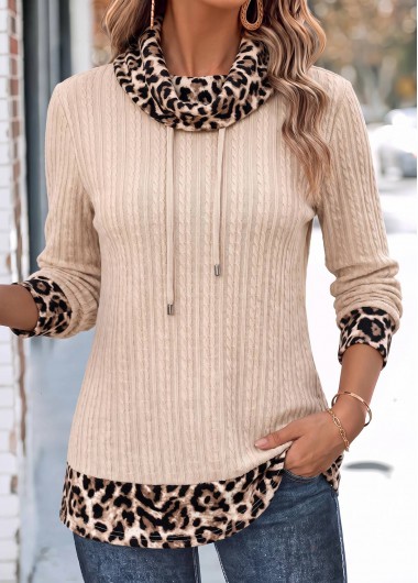 women clothes image of Beige Leopard Long Sleeve Cowl Neck Sweatshirt