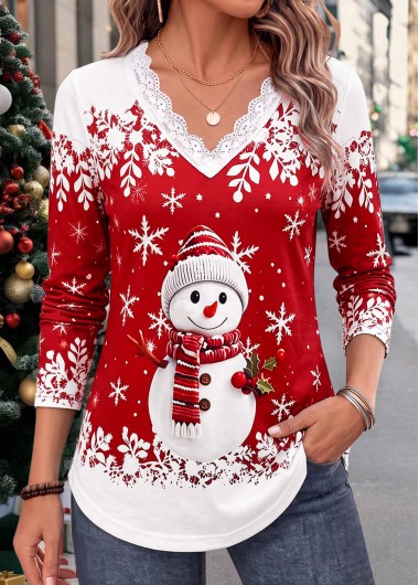 women clothes image of Christmas Red Snowman Print Patchwork Long Sleeve T Shirt
