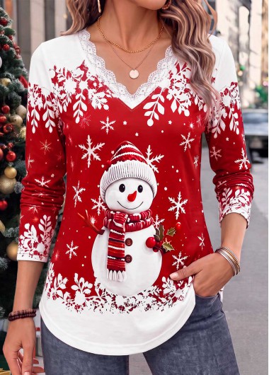 women clothes image of Christmas Red Snowman Print Patchwork Long Sleeve T Shirt