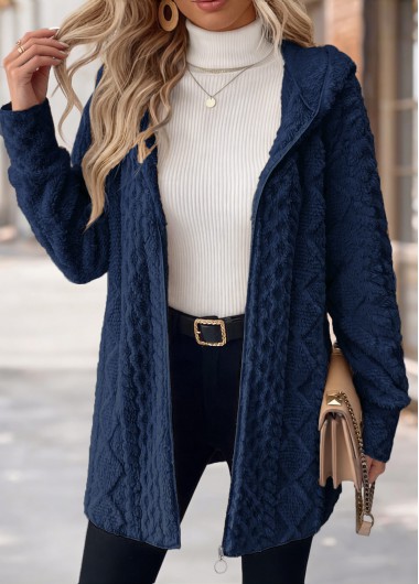 women clothes image of Navy Tummy Coverage Long Sleeve Hooded Coat