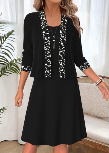 women clothes image of Black Ditsy Floral Print Two-piece Dress and Cardigan