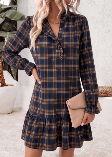 women clothes image of Navy Plaid Short Shirred Long Sleeve Split Neck Dress