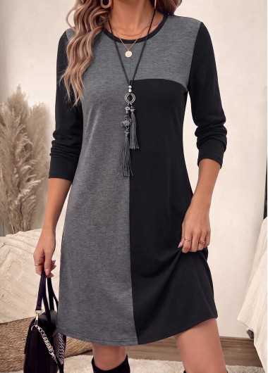 women clothes image of Black Short Patchwork Long Sleeve Round Neck Dress