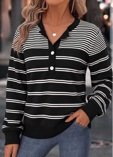 women clothes image of Black Striped Tummy Coverage Long Sleeve Split Neck Sweatshirt