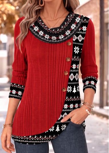 women clothes image of Red Tribal Print Patchwork Long Sleeve T Shirt