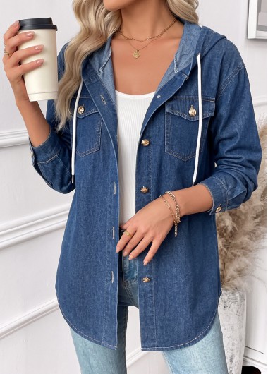 women clothes image of Denim Blue Curved Hem Long Sleeve Hooded Coat