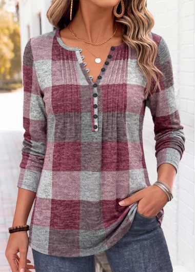 women clothes image of Deep Red Plaid Curved Hem Long Sleeve T Shirt