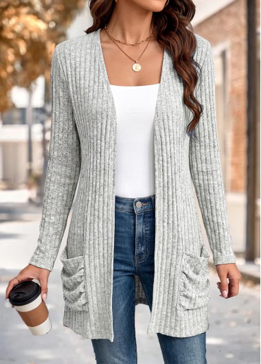women clothes image of Light Grey Double Side Pockets Long Sleeve Knit Cardigan