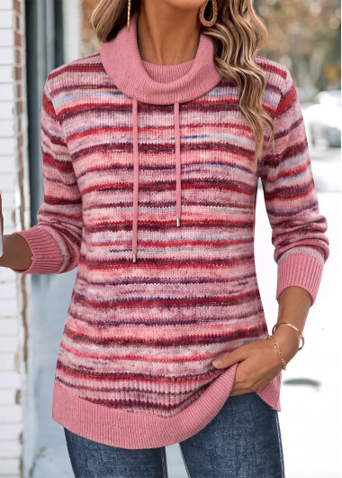 women clothes image of Pink Striped Long Sleeve Cowl Neck Sweatshirt
