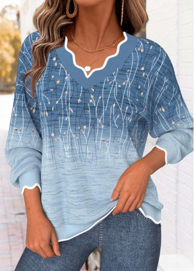 women clothes image of Blue Plants Print Tummy Coverage Long Sleeve Sweatshirt