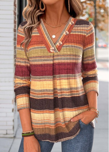 women clothes image of Multi Color Striped Button Long Sleeve T Shirt