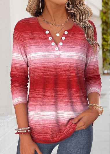 women clothes image of Red Striped Tummy Coverage Long Sleeve T Shirt