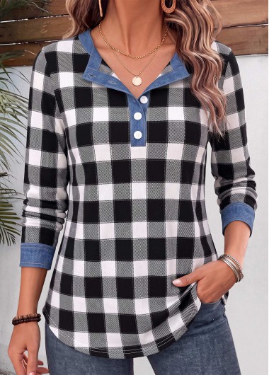 women clothes image of Black Plaid Button Long Sleeve T Shirt