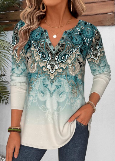 women clothes image of Green Tribal Print Tummy Coverage Long Sleeve T Shirt
