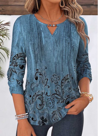 women clothes image of Dusty Blue Tribal Print Tuck Stitch 3/4 Sleeve Blouse