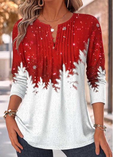 women clothes image of Christmas Red Tuck Stitch Long Sleeve T Shirt