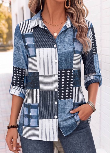women clothes image of Denim Blue Geometric Print Tummy Coverage Long Sleeve Shirt