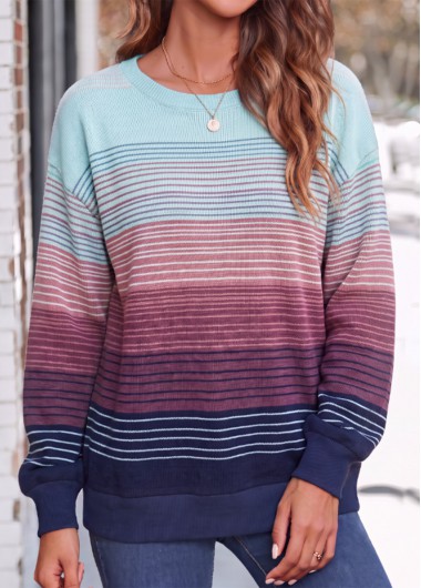 women clothes image of Blue Striped Tummy Coverage Long Sleeve Round Neck Sweatshirt
