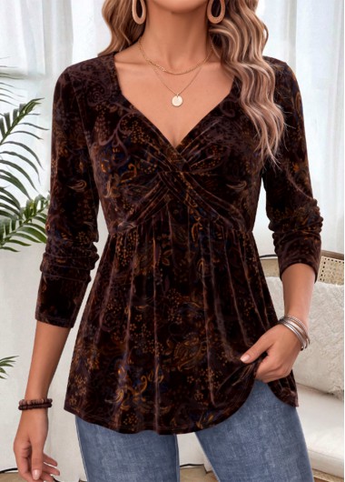 women clothes image of Dark Coffee Tribal Print Curved Hem Long Sleeve Blouse