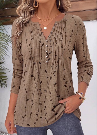 women clothes image of Light Coffee Leaf Print Curved Hem T Shirt