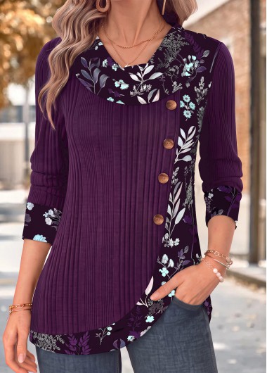 women clothes image of Purple Floral Print Patchwork Long Sleeve T Shirt