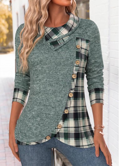 women clothes image of Sage Green Plaid Button Long Sleeve Sweatshirt