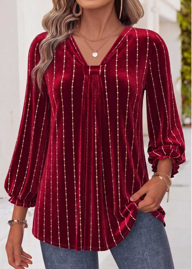 women clothes image of Hot Stamping Red Shirred Bracelet Sleeve Blouse